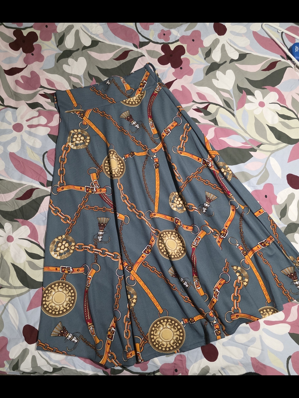 Grey Chain-Print A-Line Maxi Skirt